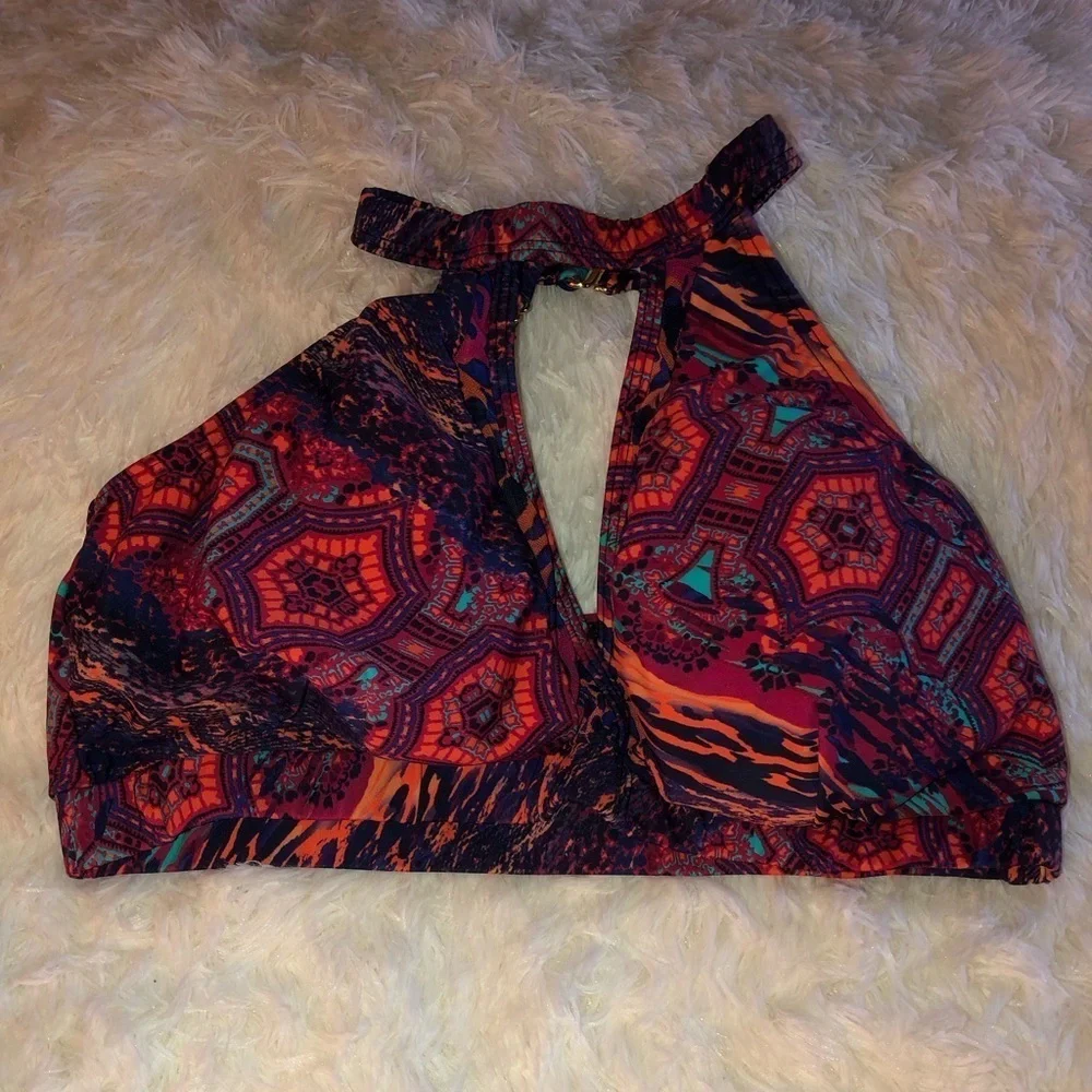 VENUS Pink and Teal Halter Bikini Top with Cut Out size 12